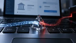 Imagen conceptual y realista de un teclado en el que un flujo luminoso de datos cambia de azul a rojo al atravesar un prisma de cristal. Simboliza cómo un atacante puede alterar la información al copiar y pegar, desviando una transferencia bancaria sin que la víctima lo advierta.